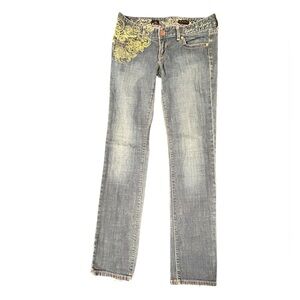 X2 W01 Zelda Live + Love Skinny Jeans Low Rise Gold Embroidery Size 2 Frayed Hem